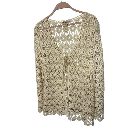 Toffee Apple Cardigan Large Crochet Open Knit Sheer Sweater Cream Boho Beige - Picture 1 of 5